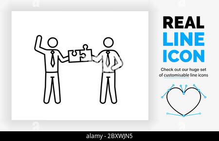 Editable real line icon of two stick figure business man working together Stock Vector