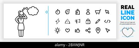 Editable line icon of a woman thinking about Stock Vector