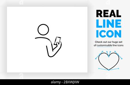 editable real line icon of a stick figure person on his mobile phone Stock Vector