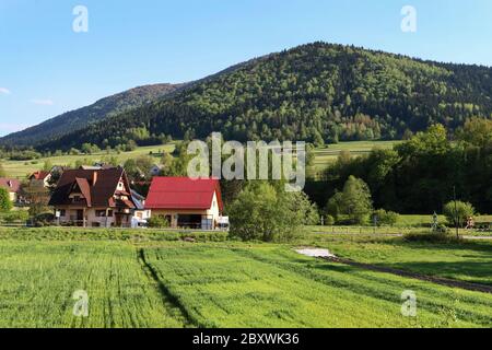 A typical polish village in Raba Wyzna, Poland. Stock Photo