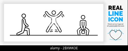 Editable real line icon of a stick figure person staying fit at home Stock Vector