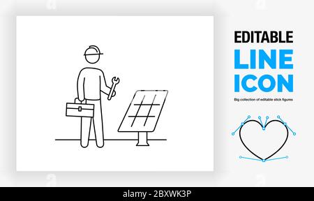 Editable line icon of a stick figure installing or repairing a solar panel Stock Vector