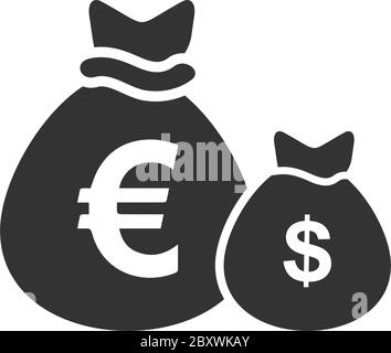 Money Bags with currency symbols. Black Icon Flat on white background Stock Vector
