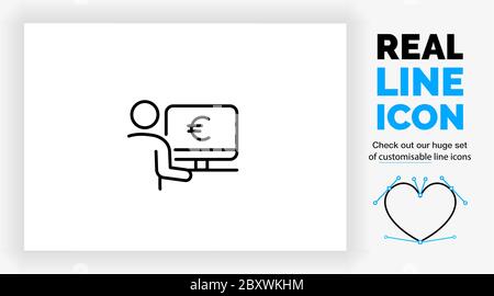Editable real line icon of a stick figure person at his desk on a computer checking his money balance Stock Vector