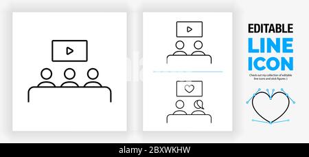 Editable line icon of people watching tv Stock Vector