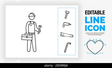 Editable line icon of a stick figure handyman with a construction toolbox Stock Vector