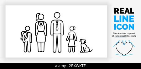 Editable line icon of stick figure family Stock Vector