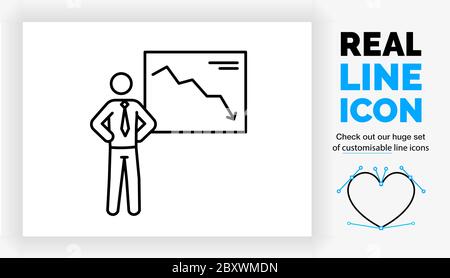 Editable real line icon of a stick figure businessman with a negative chart Stock Vector