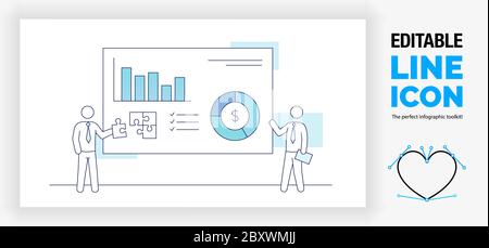 Editable blue line illustration of three business stick figure people aiming an arrow at the goal Stock Vector