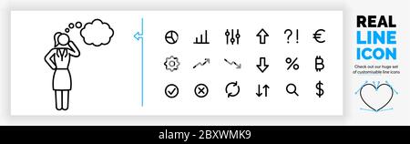Editable line icon of a woman thinking about something Stock Vector