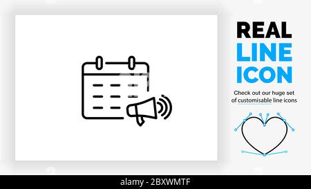 Editable line icon of a calendar with a megaphone Stock Vector