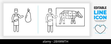 Editable line icon of a stick figure butcher in his shop Stock Vector