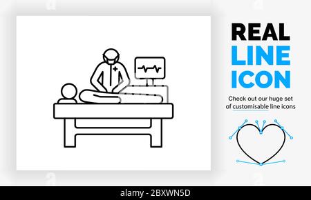 Editable real line icon of a patient in a hospital bed on the intensive care Stock Vector
