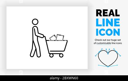 Editable line icon of a stick figure walking with a shopping cart Stock Vector
