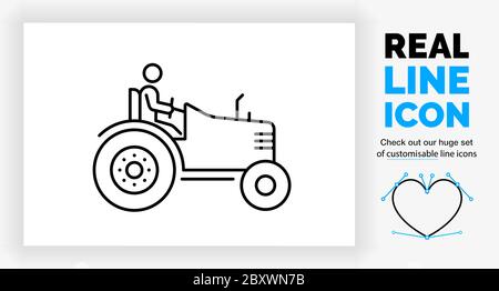 Editable real line icon of a farmer stick figure riding on his tractor Stock Vector