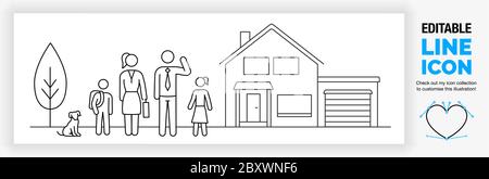 Editable line illustration of a stick figure family Stock Vector