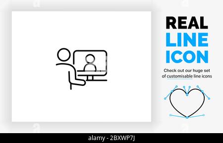 Editable real line icon of stick figure people working from home on their computer Stock Vector