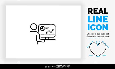 Editable real line icon of a stick figure analyst person working Stock Vector