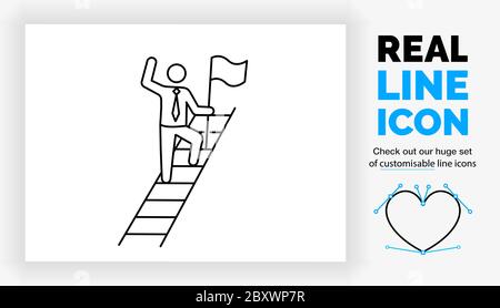 Editable real line icon of a stick figure business man climbing the career ladder Stock Vector