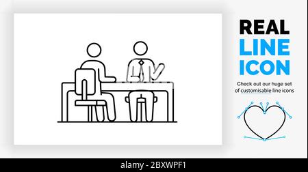 Editable real line icon of two stick figure business people sitting at a desk Stock Vector