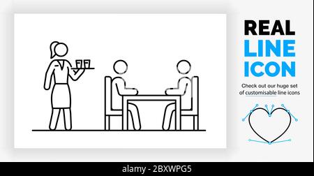 Editable real line icon of a stick figure waitress serving a table of customers Stock Vector