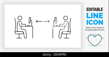 Editable line icon of working with social distance in the office Stock Vector