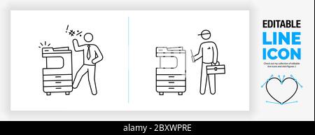 Editable line icon of a broken printer and a repairman fixing it Stock Vector