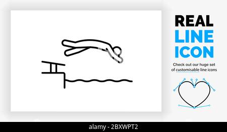 Editable real line icon of a stick figure person diving in the water from the edge Stock Vector