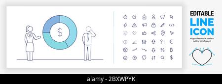 Editable line illustration of two outline stick figure people standing next to a big blue and green pie chart Stock Vector