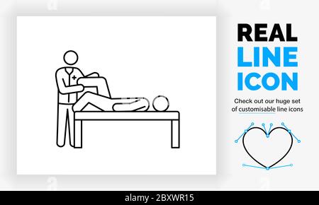 Editable real line icon of a doctor stick figure in full body view doing a check on a patient Stock Vector