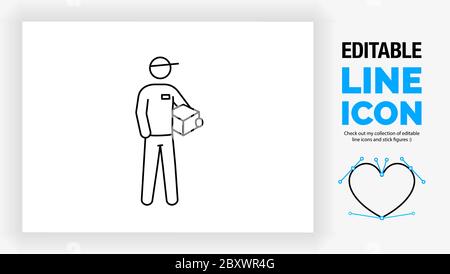 ditable line icon of a postman delivering a box Stock Vector