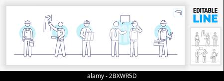 Editable line icon of construction workers Stock Vector