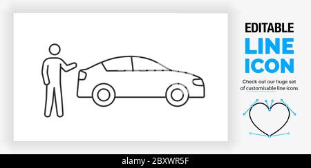 Editable line icon of a car salesman of driver showing his car Stock Vector
