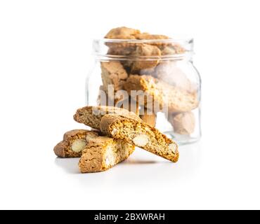 Sweet italian cantuccini cookies. Almonds biscuits isolated on white background. Stock Photo