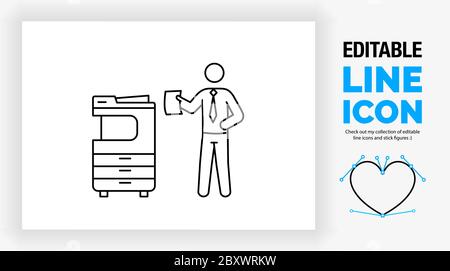 Editable line icon of a stick figure businessman standing next to the copier in the print room Stock Vector