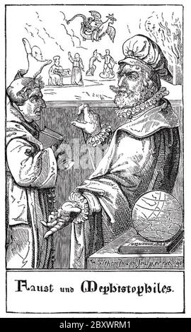 JOHANN GEORG FAUST (c 1480 or 1466 - c 1541) German alchemist with Mephistopheles in a 1600 engraving. He may have been the inspiration for the fictional Dr. Faustus. Stock Photo