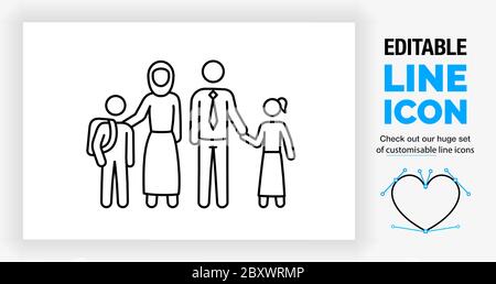 Editable line icon of a muslim family stick figure set Stock Vector