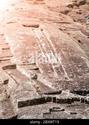 El Fuerte de Samaipata. Close-up view of mystical rock carvings in Pre-Columbian archaeological site, Bolivia, South America. UNESCO World Heritage Site. Stock Photo