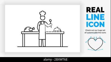 Editable real line icon of a stick figure chef cook in full body Stock Vector