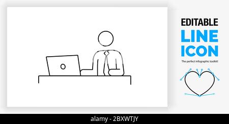 Editable line icon of a stick figure person on a computerv Stock Vector