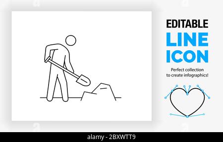ditable line icon of a stick figure shovelling Stock Vector