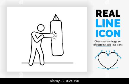 Editable line icon of a stick figure working out on a boxing bag Stock Vector