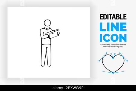 Editable line icon of a stick figure person opening a file Stock Vector