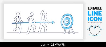Editable blue line illustration of three business stick figure people aiming an arrow at the goal Stock Vector