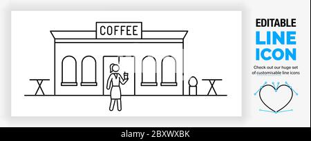 Editable real line icon of a coffee shop building including tables Stock Vector