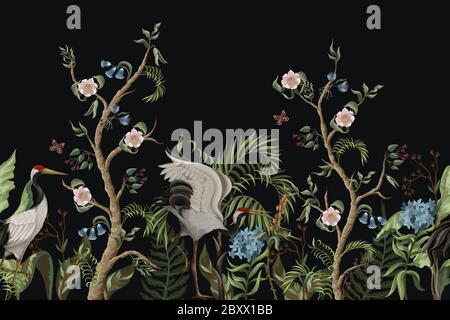Border with cranes and peonies in chinoiserie style. Vector. Stock Vector