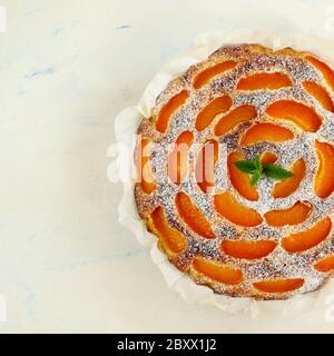 Summer sweet concept. Homemade apricot pie sprinkled with powder sugar, decorated with mint leaves on light background. Top view. Copy space. Stock Photo