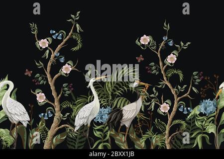 Border with cranes and peonies in chinoiserie style. Vector. Stock Vector