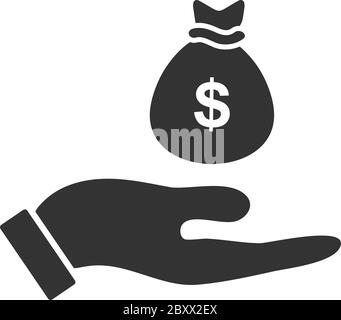 Open Palm Hold Money Bag. Black Icon Flat on white background Stock Vector