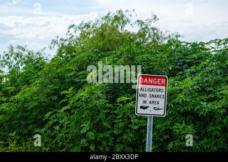 'Danger Alligators and Snakes' sign on Lake Pontchartrain in Bucktown Marsh, Metairie, Louisiana, USA